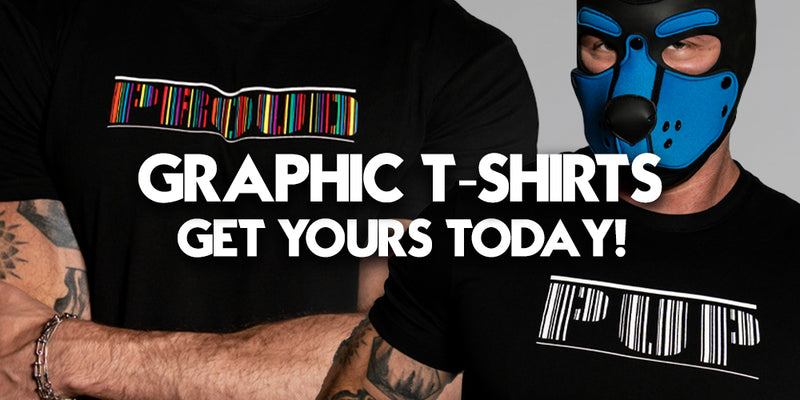 Two men wearing black graphic T-shirts with a colorful striped 'PUT' design, one wearing a blue and black mask. Large white text reads 'GRAPHIC T-SHIRTS GET YOURS TODAY!'.