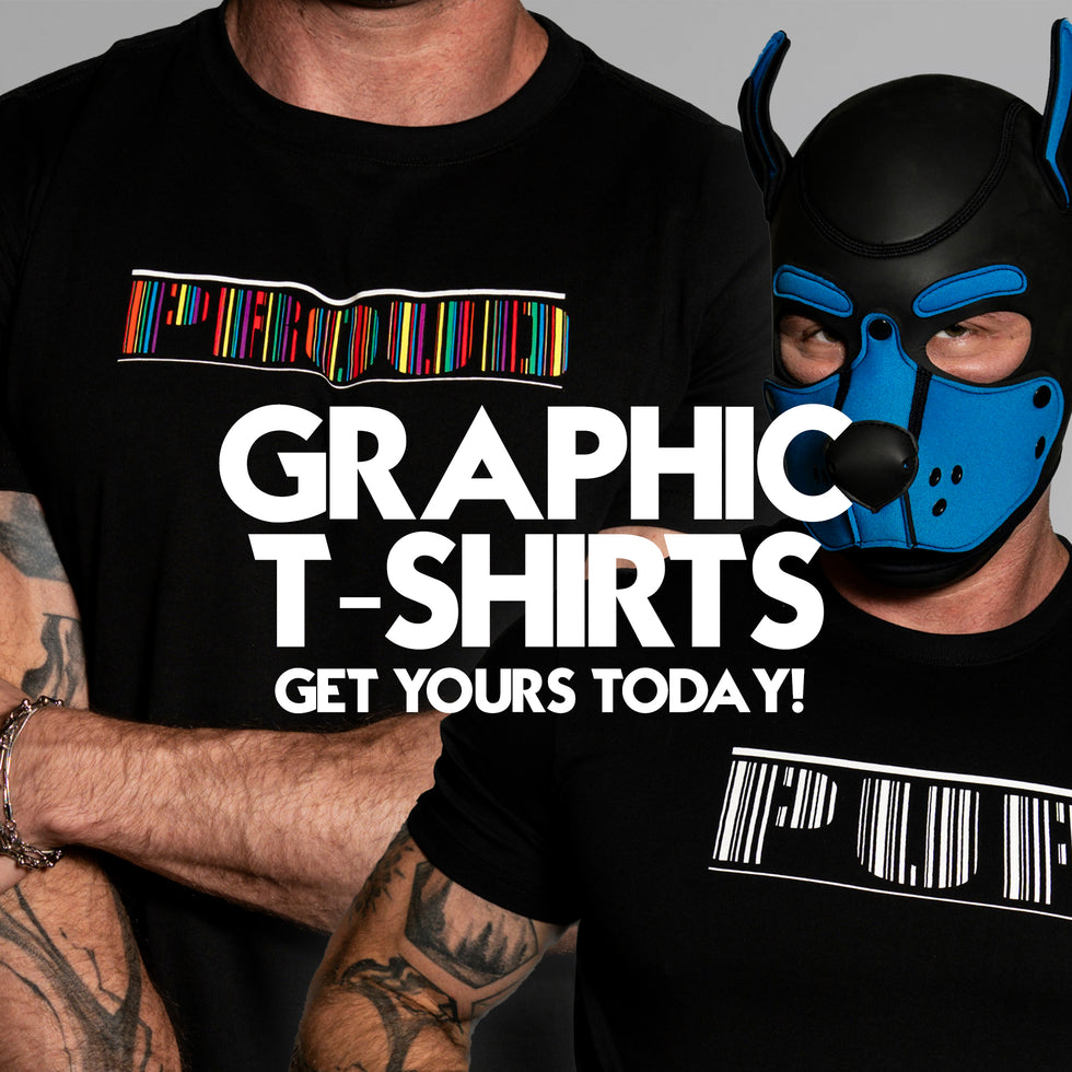Two men wearing black graphic T-shirts with a barcode-style multicolor print and large white text reading 'GRAPHIC T-SHIRTS GET YOURS TODAY!'. One man wears a black and blue mask, and the background is a plain gray studio backdrop.