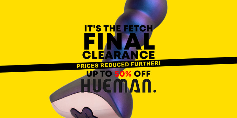 Promotional graphic for a Hueman final clearance sale, featuring a close-up of a golf club head on a bright yellow background with bold black and red text reading 'IT'S THE FETCH FINAL CLEARANCE PRICES REDUCED FURTHER! UP TO 50% OFF HUEMAN.'.