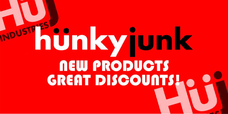 A bright red promotional graphic with the text 'hünky junk' in large white and black letters, plus 'NEW PRODUCTS GREAT DISCOUNTS!' below. Faint repeated 'HÜ Industries' branding appears in the corners.