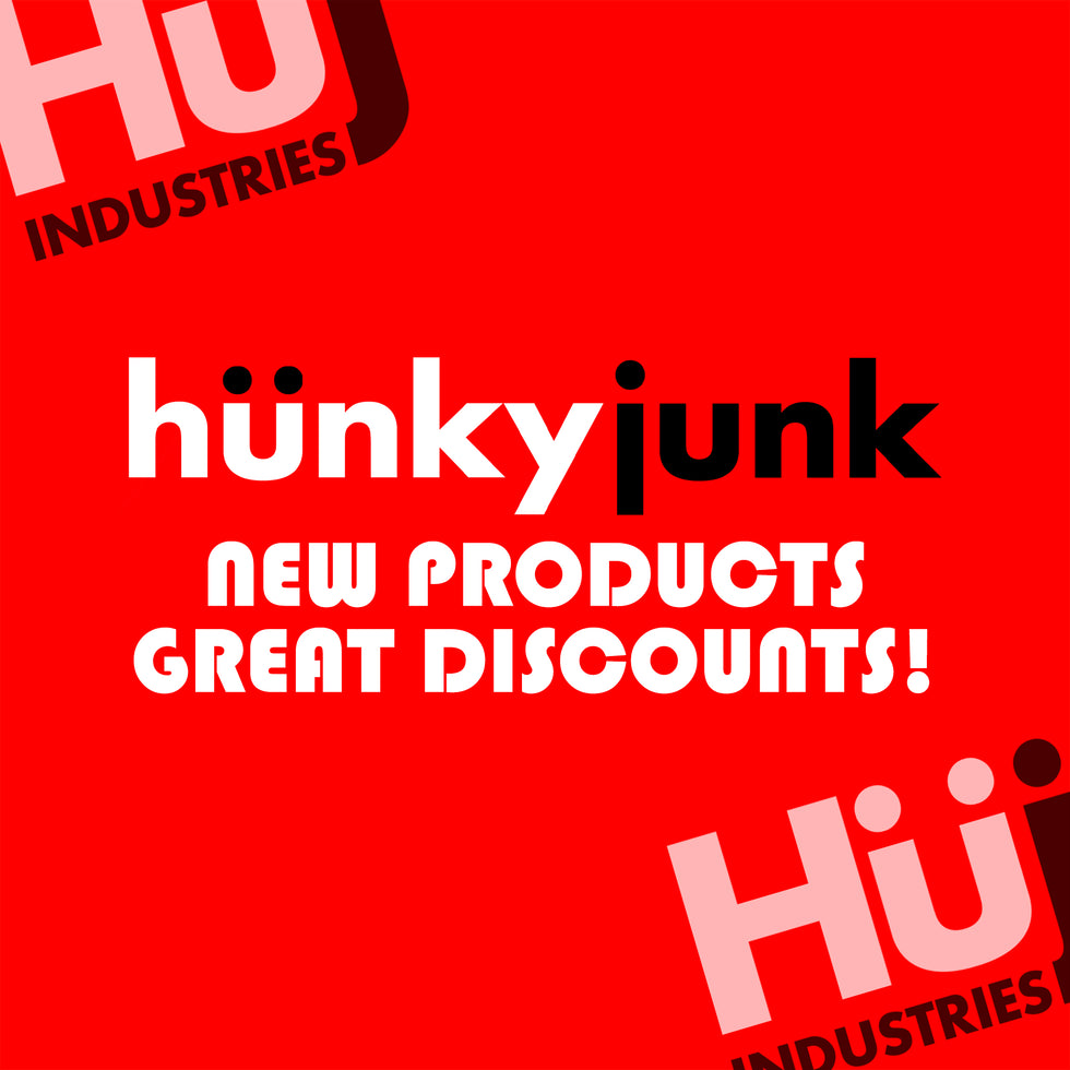 A bright red promotional graphic with the text 'hünkyjunk' in large white and black letters, plus 'NEW PRODUCTS GREAT DISCOUNTS!' underneath. Partial 'HU INDUSTRIES' branding appears in the top-left and bottom-right corners.