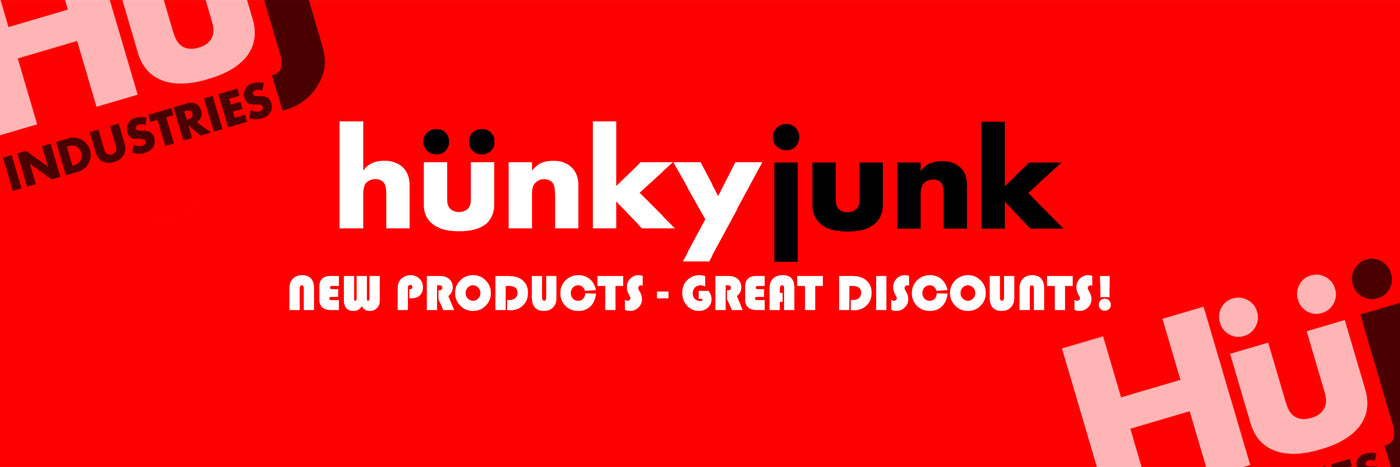 A promotional graphic with a bright red background and large white and black text reading 'hünkyjunk' and 'NEW PRODUCTS - GREAT DISCOUNTS!'. Partial repeated logo elements appear in the corners, and no physical product is shown.