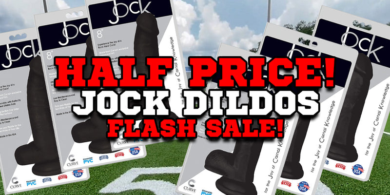 Promotional graphic for a Jock Dildo sale, showing multiple boxed products fanned out against a sky-and-turf background with large overlaid text reading 'HALF PRICE! JOCK DILDOS FLASH SALE!'.