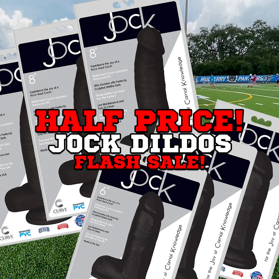 Multiple boxed adult novelty products labeled 'jock' are arranged in a collage over a grassy sports field background, with large promotional text reading 'HALF PRICE! JOCK DILDOS FLASH SALE!'.
