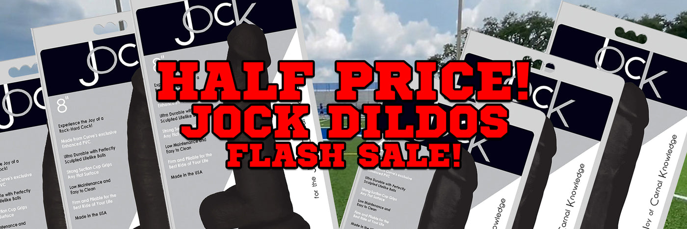 Promotional banner for a 'HALF PRICE! JOCK DILDOS FLASH SALE!' featuring multiple packages of Jock Dildos fanned out against a sky background, with a black silhouette of a person's hand holding a package in the center.