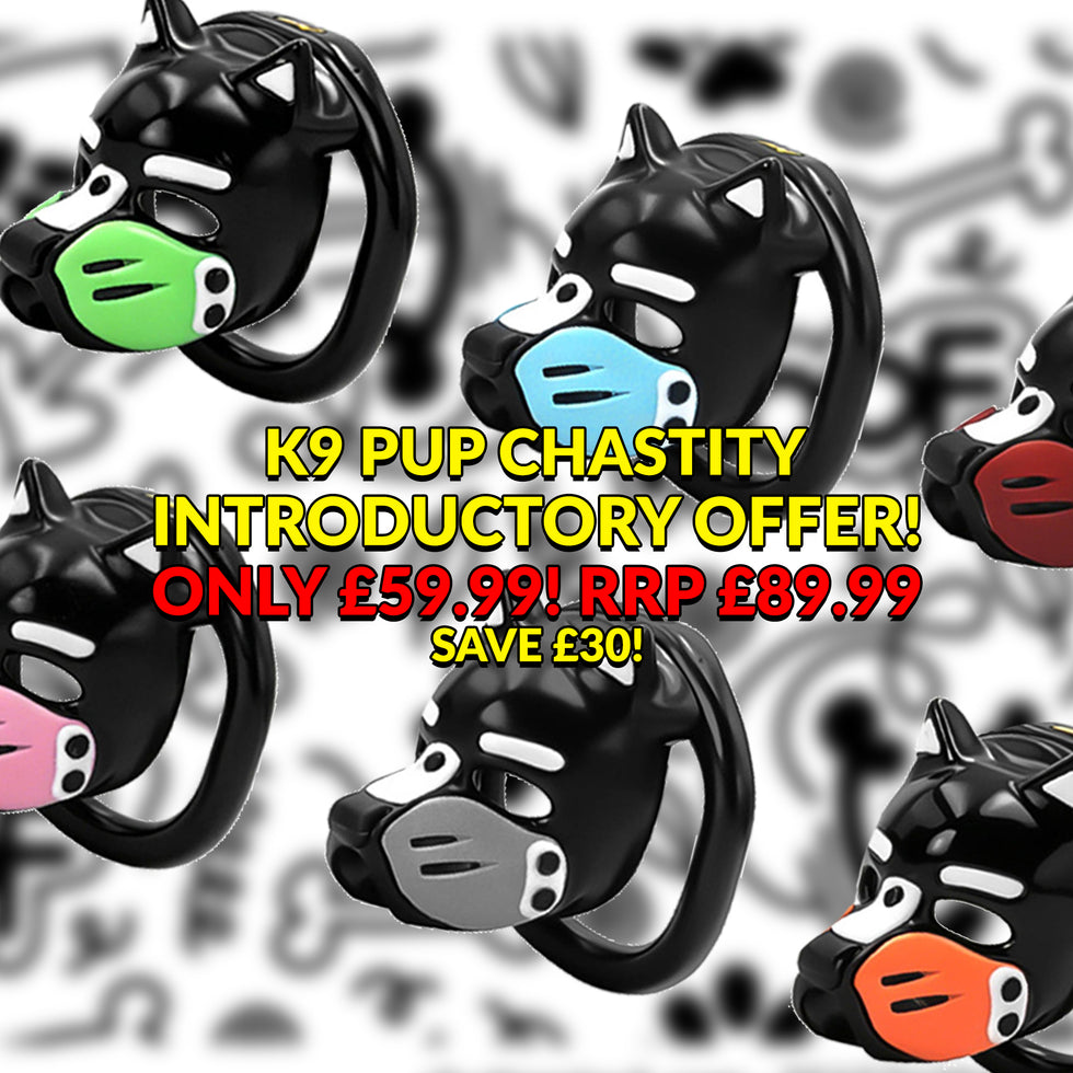 Six black cat-shaped chastity devices with different colored muzzle covers (green, blue, gray, pink, red, orange) arranged on a white background with a black-and-white graffiti pattern. Large yellow, red, and black promotional text overlays the center reading 'K9 PUP CHASTITY INTRODUCTORY OFFER! ONLY £59.