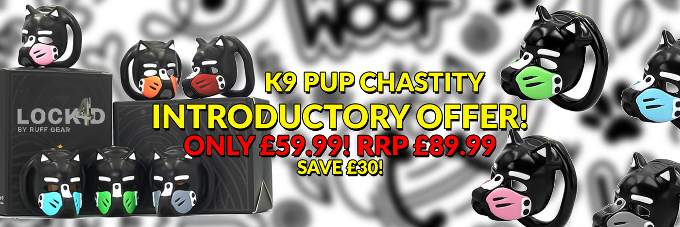 Promotional banner for a 'K9 Pup Chastity' product set by Locked by Rudy Gray, showing multiple black chaste ring-style products with cartoon cat faces wearing colorful face masks (blue, green, pink, orange) and a black box. Large yellow and red promotional text overlays the center.