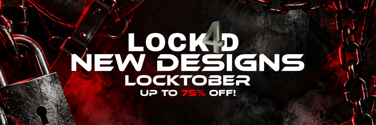 Promotional banner with the text 'LOCK4 NEW DESIGNS LOCKTOBER UP TO 75% OFF!' over a dark, smoky background with red lighting and partial views of padlocks and chains.