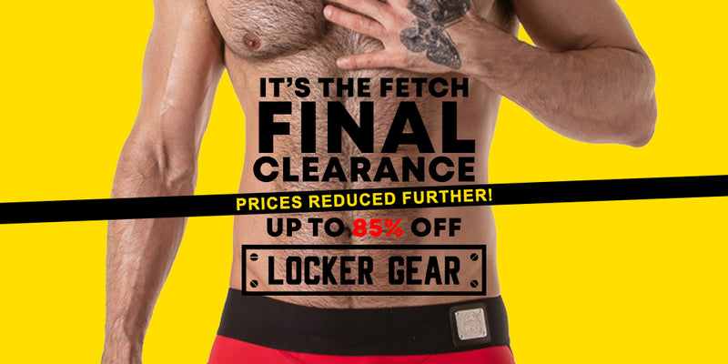 Promotional banner for a locker gear final clearance sale, featuring a close-up of a shirtless man's torso wearing red shorts and a black belt against a bright yellow background with bold black and red text.