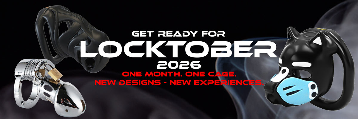 Promotional graphic for a Locktober 2026 event, featuring three adult novelty items: a black silicone mask-like piece, a silver and gold ring-style device, and a black cat-shaped cage with a light blue face mask. Large white and red text reads 'GET READY FOR LOCKTOBER 2026' with smaller red text below.