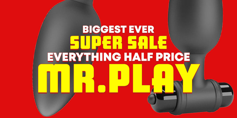 Promotional graphic for a Mr. Play adult product on a bright red background, featuring large yellow and white sale text and a partial black product shown at the left and right edges.