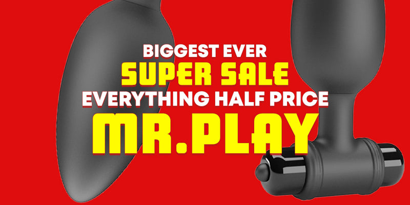 Promotional graphic for Mr. Play adult novelty product on a bright red background with large yellow and white sale text reading 'BIGGEST EVER SUPER SALE EVERYTHING HALF PRICE MR.