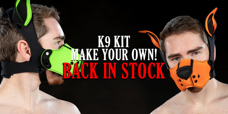 Two men wearing K9 dog muzzle designs with promotional text on a black background.