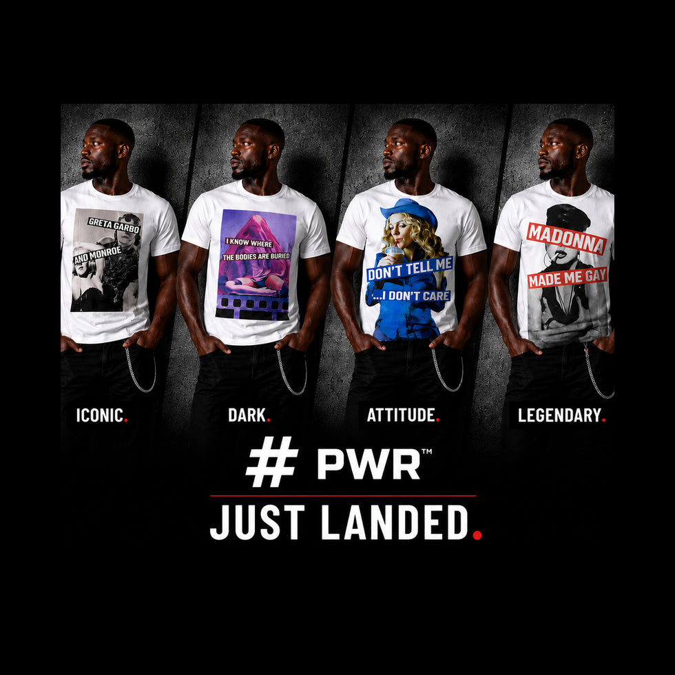 Four men modeling white graphic T-shirts against a dark textured background, with text labels 'ICONIC.', 'DARK.