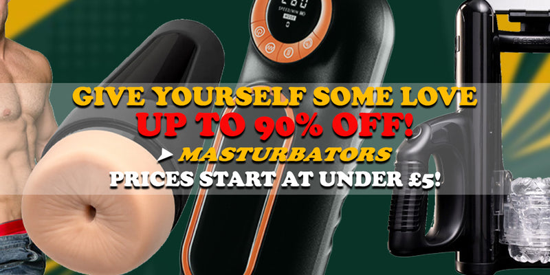 Promotional banner for adult novelty products featuring multiple black and orange handheld massagers and a realistic beige dildo, with large text reading 'GIVE YOURSELF SOME LOVE UP TO 90% OFF! MASTURBATORS PRICES START AT UNDER £5!' over a dark green and yellow graphic background.