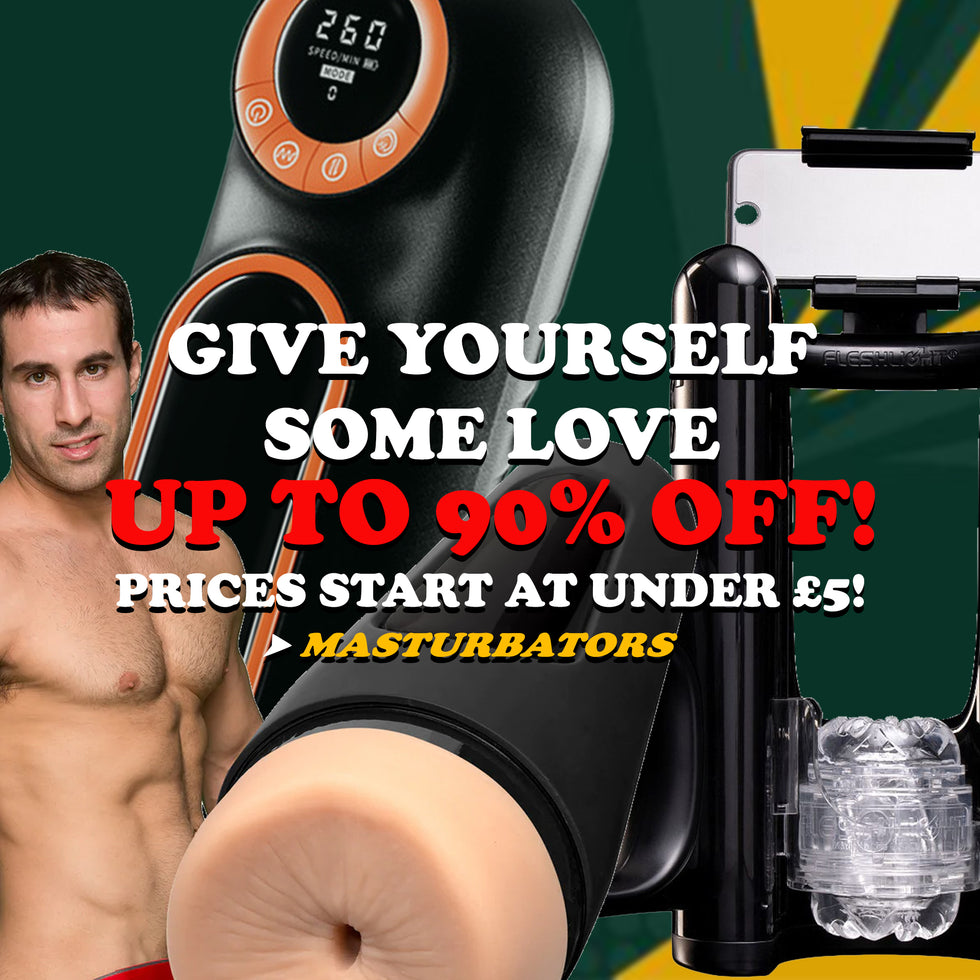 Promotional graphic for an adult novelty product showing a black and orange electronic vibrator with a realistic beige simulated vagina insert, alongside a smartphone mounted on a stand. A shirtless man is partially visible on the left, with large promotional text reading 'GIVE YOURSELF SOME LOVE UP TO 90% OFF! PRICES START AT UNDER £5!' and the brand name 'Masturbators'.