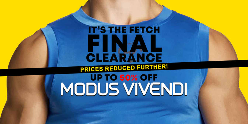 A cropped torso of a person wearing a bright blue sleeveless tank top against a vivid yellow background, with large promotional text overlaid across the chest reading 'IT'S THE FETCH FINAL CLEARANCE PRICES REDUCED FURTHER! UP TO 50% OFF MODUS VIVENDI.'.