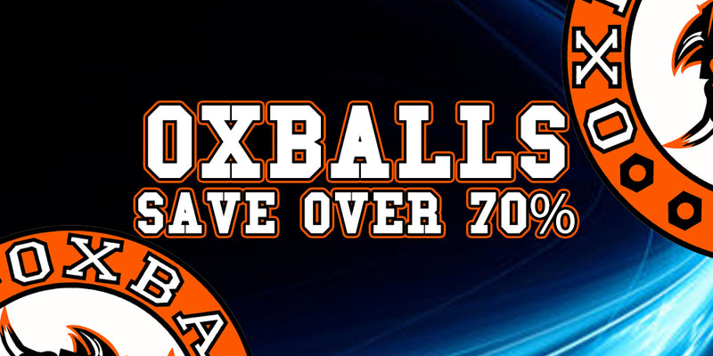 Promotional graphic with the text 'OXBALLS SAVE OVER 70%' in large white letters with orange outlines on a dark background, with partial circular OXBA logos in the corners.