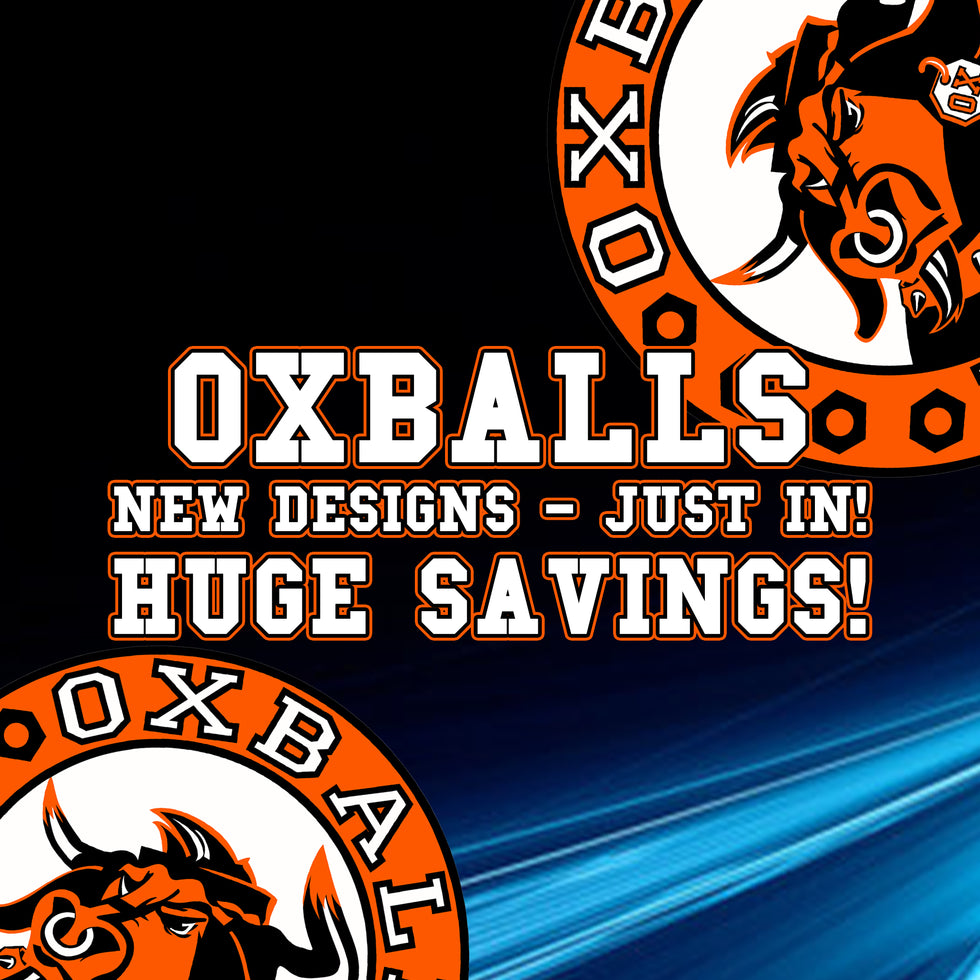 Promotional graphic for OXBALLS featuring orange and white bull head logos with the text 'OXBALLS NEW DESIGNS - JUST IN! HUGE SAVINGS!' on a black background with blue streaks.