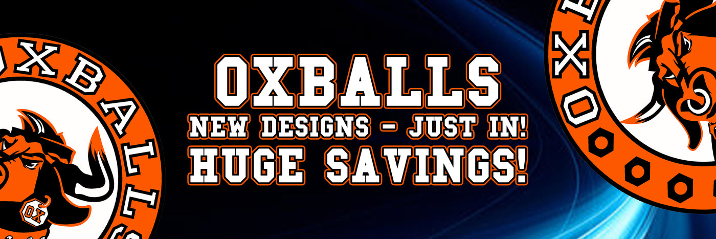 Promotional graphic for OXBALLS featuring large white text reading 'OXBALLS NEW DESIGNS - JUST IN! HUGE SAVINGS!' on a dark blue background, with partial circular logos showing an orange-and-white animal head illustration on both sides.