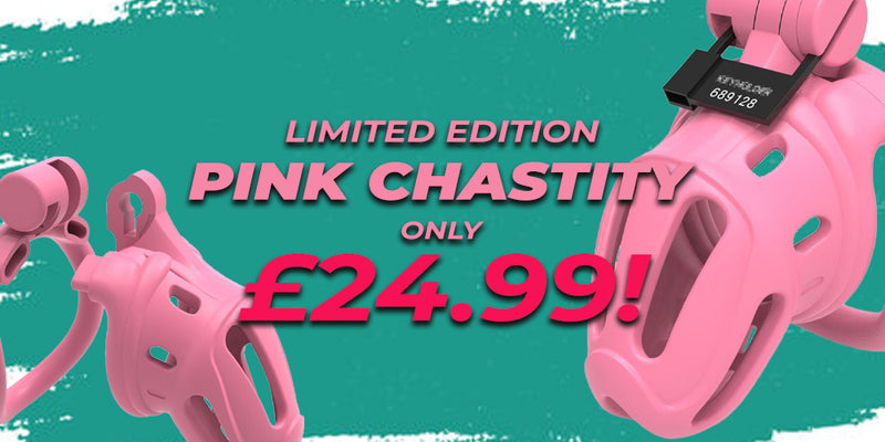 Pink chastity device shown in a promotional graphic with text reading 'LIMITED EDITION PINK CHASTITY ONLY £24.99!' on a teal background.