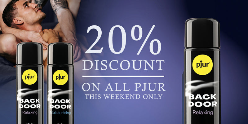 Promotional advertisement for PJUR products with a discount offer on a blue background.