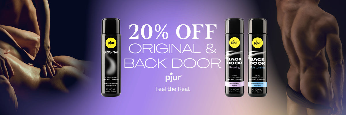 Promotional banner for pjur Original & Back Door lubricants, featuring three black spray bottles against a purple gradient background with text reading '20% OFF ORIGINAL & BACK DOOR' and partial male and female body imagery on the sides.
