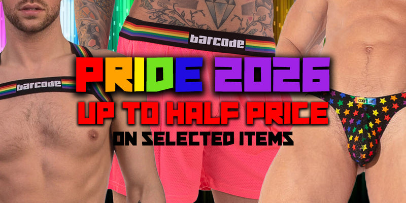 Two people wearing colorful underwear with a promotional text overlay for 'Pride 2026' sale.