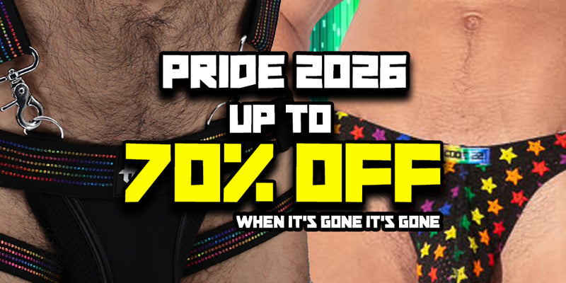 Promotional graphic with two cropped male torsos wearing black harnesses and thong-style underwear with rainbow reflective trim and multicolor star print, overlaid with large text reading 'PRIDE 2026 UP TO 70% OFF' and 'WHEN IT'S GONE IT'S GONE'.