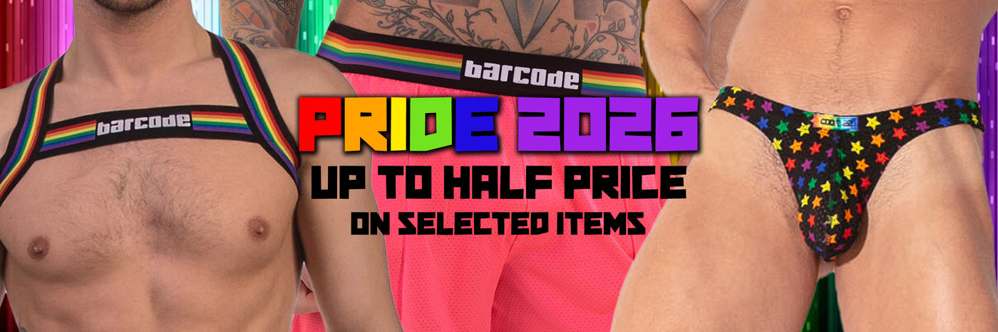 Two people wearingBarcode Pride 2026-themed underwear with a promotional banner.