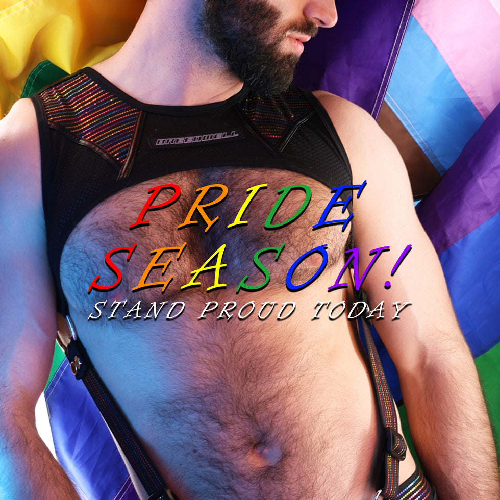 Person wearing a tank top with rainbow text 'Pride Season! Stand Proud Today' against a colorful background.