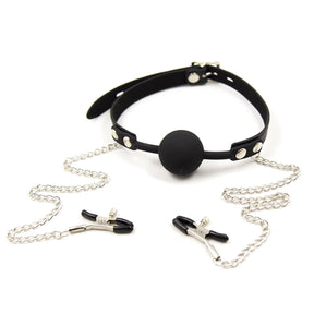 Ruff Gear Hush Locking Silicone Ball Gag with Nipple Clamps