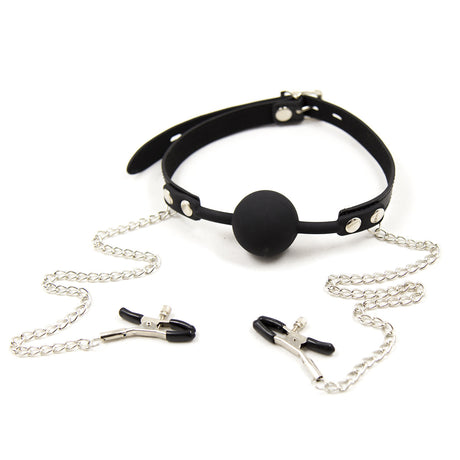 Ruff Gear Hush Locking Silicone Ball Gag with Nipple Clamps