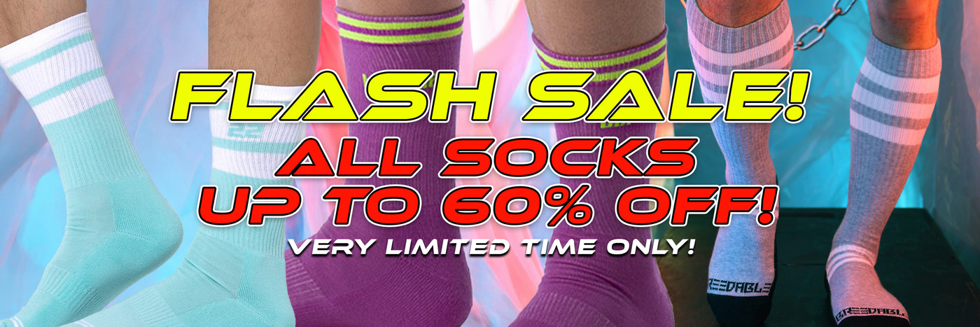 Promotional banner for a sock sale showing multiple lower legs wearing different striped socks, with large text reading 'FLASH SALE! ALL SOCKS UP TO 60% OFF! VERY LIMITED TIME ONLY!'.