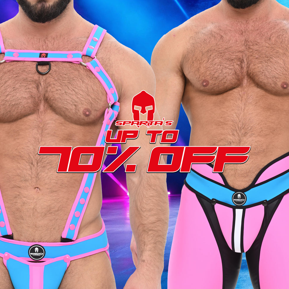 Two cropped male models wearing pink and blue athletic harness-style underwear or briefs, with a large red promotional text overlay reading 'SPRINER'S UP TO 70% OFF' across the center. The background is a blue studio-style graphic backdrop.