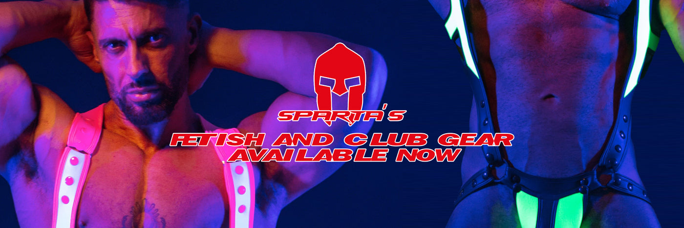 Man wearing colorful harnesses with a brand logo and text overlay on a dark background