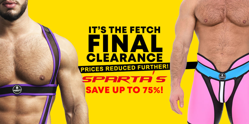 Promotional banner for Sparta's Final Clearance showing two cropped male models wearing colorful athletic harness-style underwear. The left model wears a black and purple harness, and the right model wears a pink, black, and blue harness.