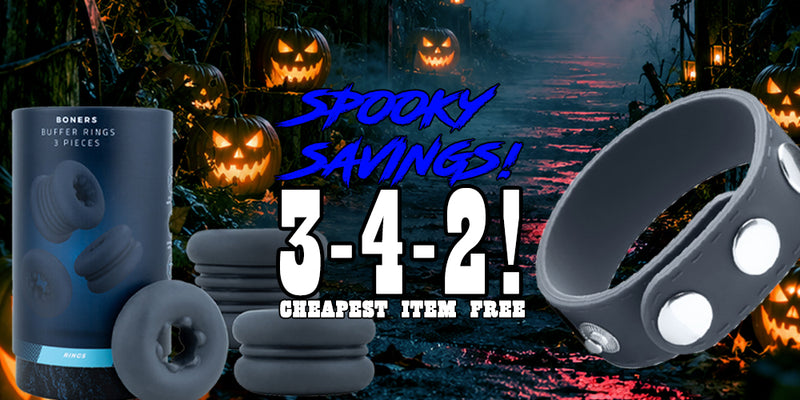 Promotional graphic for Bonere Buffer Rings featuring a large black ring with white circular inserts on the right, a cylindrical package and smaller rings on the left, and a spooky Halloween background with jack-o'-lanterns and the text 'Spooky Savings! 3-4-2! Cheapest Item Free.'.