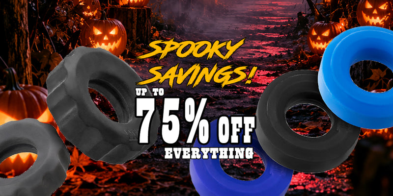 Promotional graphic for Halloween-themed tire-shaped products, showing several black and blue tire-shaped items floating over a spooky Halloween background with pumpkins and the text 'Spooky Savings! Up to 75% Off Everything'.