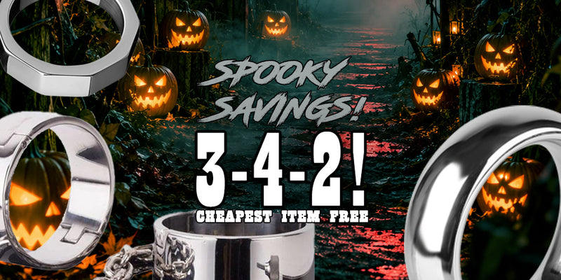 Promotional graphic for a Halloween-themed jewelry sale, featuring multiple silver-toned rings with carved jack-o'-lantern faces against a spooky forest path at night with glowing pumpkins. Large text reads 'SPOOKY SAVINGS! 3-4-2! CHEAPEST ITEM - FREE'.