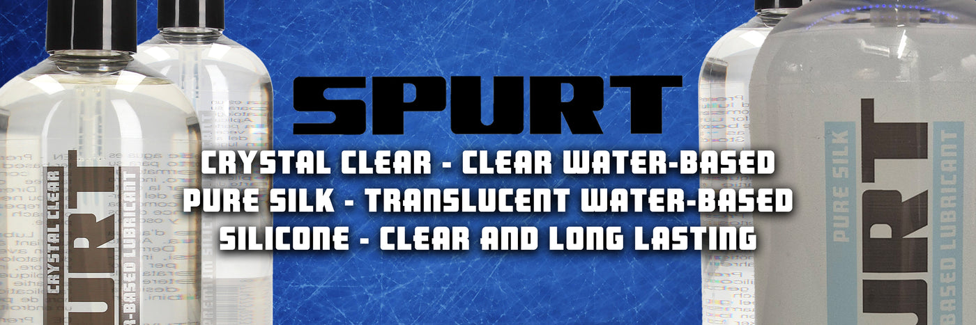 Bottle of 'Spurt' water-based silicone lubricant with product details on a blue background