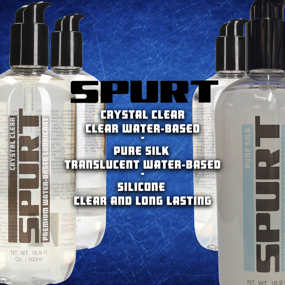 SPURT water-based and silicone products on a blue textured background