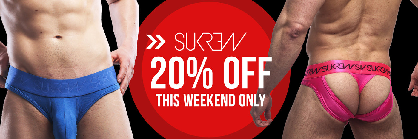 Promotional banner showing two cropped male models wearing underwear, with a large red circular sale graphic in the center reading 'SUKREW 20% OFF THIS WEEKEND ONLY'. The left model wears blue underwear, and the right model wears bright pink underwear.