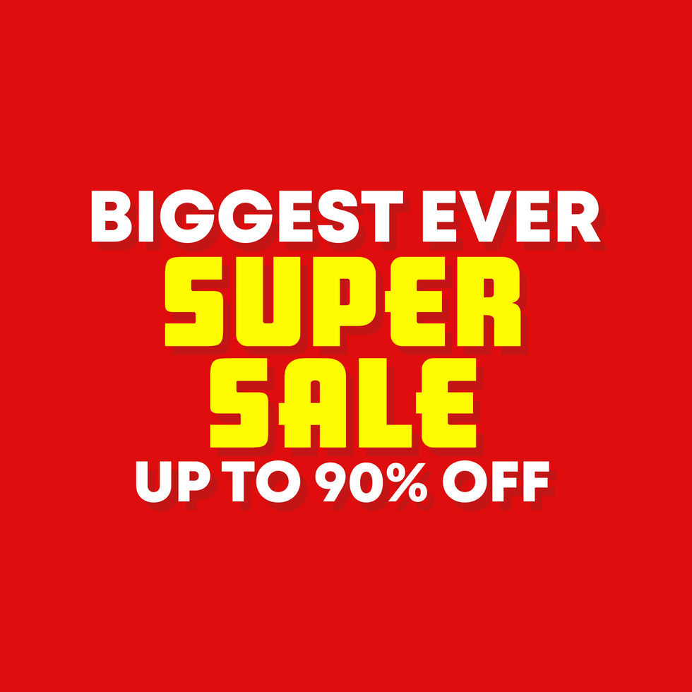 Promotional sale graphic with the text 'BIGGEST EVER SUPER SALE UP TO 90% OFF' in white and yellow on a solid red background.