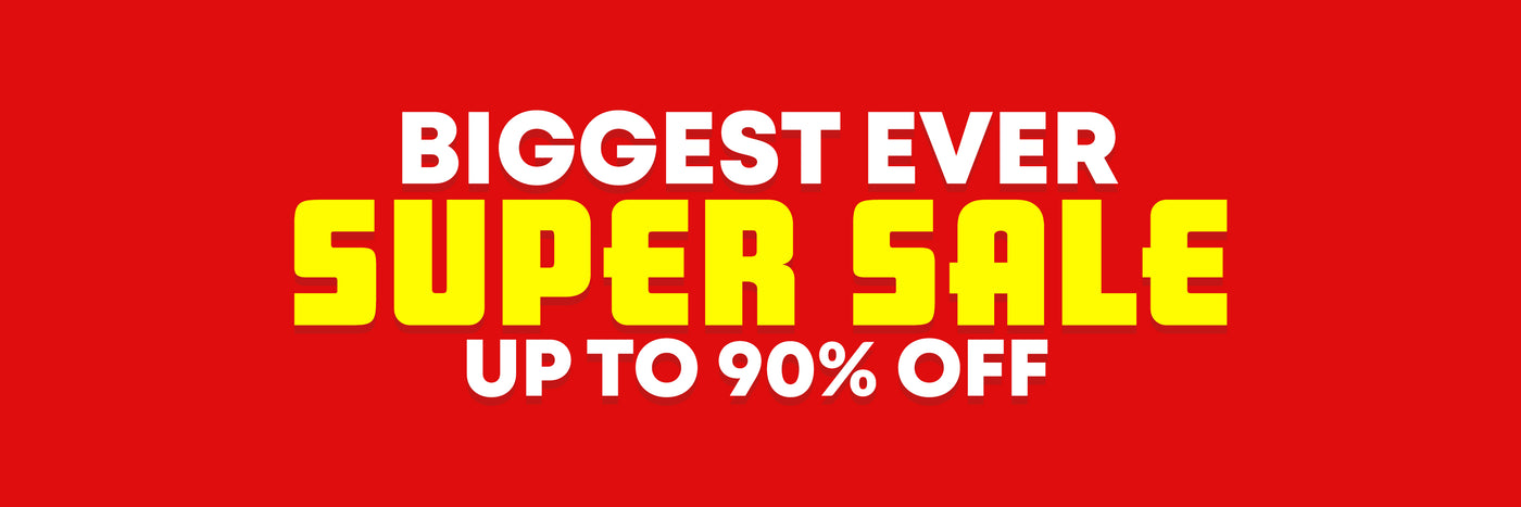 Promotional sale graphic with the text 'BIGGEST EVER SUPER SALE UP TO 90% OFF' in white and yellow lettering on a solid red background.