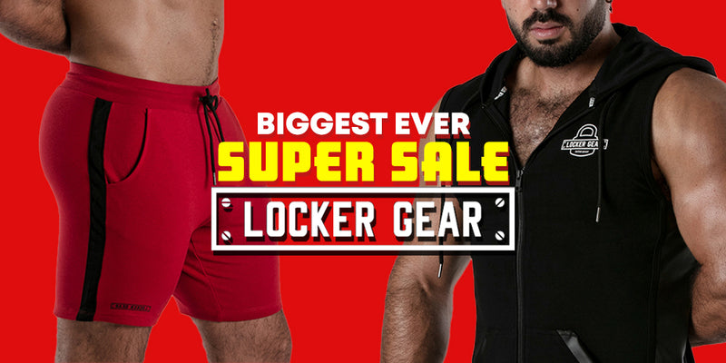 Promotional graphic for a locker gear super sale, showing a cropped male model in red athletic shorts with black side panels on the left, and another cropped male model in a black sleeveless zip hoodie on the right, set against a solid red background with bold yellow and white text.