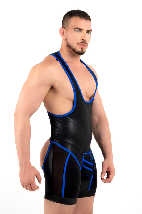 ROK Kinky Open Wrestler Singlet Black Blue