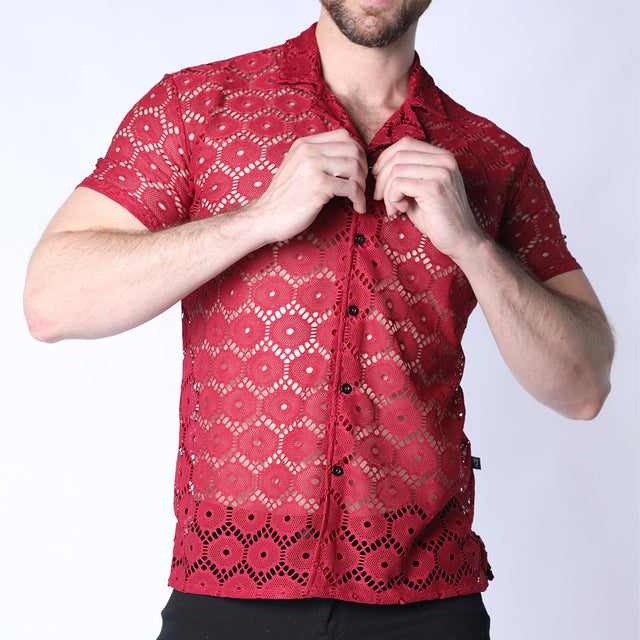 Timoteo Palmero Button Down Mesh Shirt Burgandy