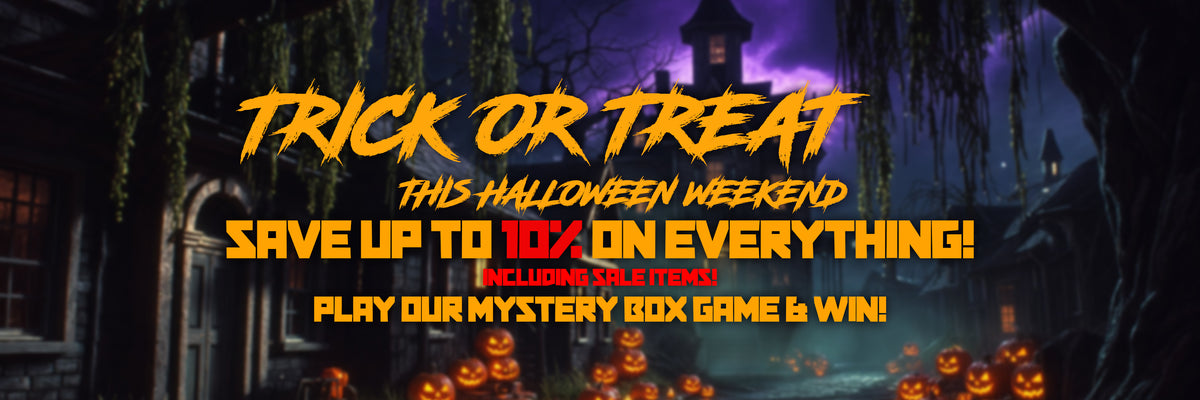 Halloween promotional banner with orange text reading 'Trick or Treat' and 'This Halloween Weekend Save Up to 10% on Everything!' over a spooky haunted-house scene with pumpkins and a purple sky.