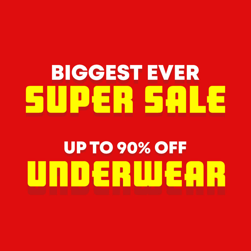 Promotional sale graphic on a bright red background with bold white and yellow text reading 'BIGGEST EVER SUPER SALE UP TO 90% OFF UNDERWEAR'.